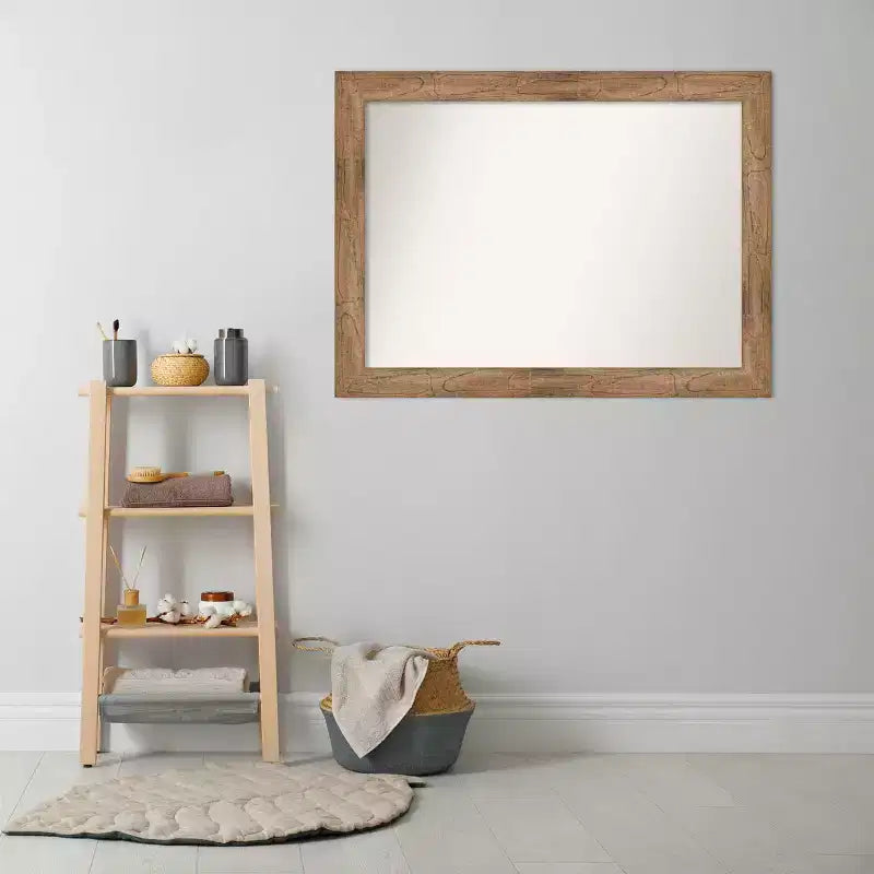 Miroir mural de salle de bain 44" x 33" sans biseau marron | Cadre en bois rectangulaire moderne