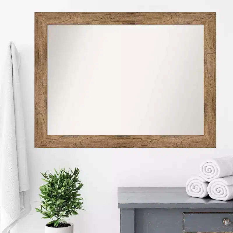 Miroir mural de salle de bain 44" x 33" sans biseau marron | Cadre en bois rectangulaire moderne
