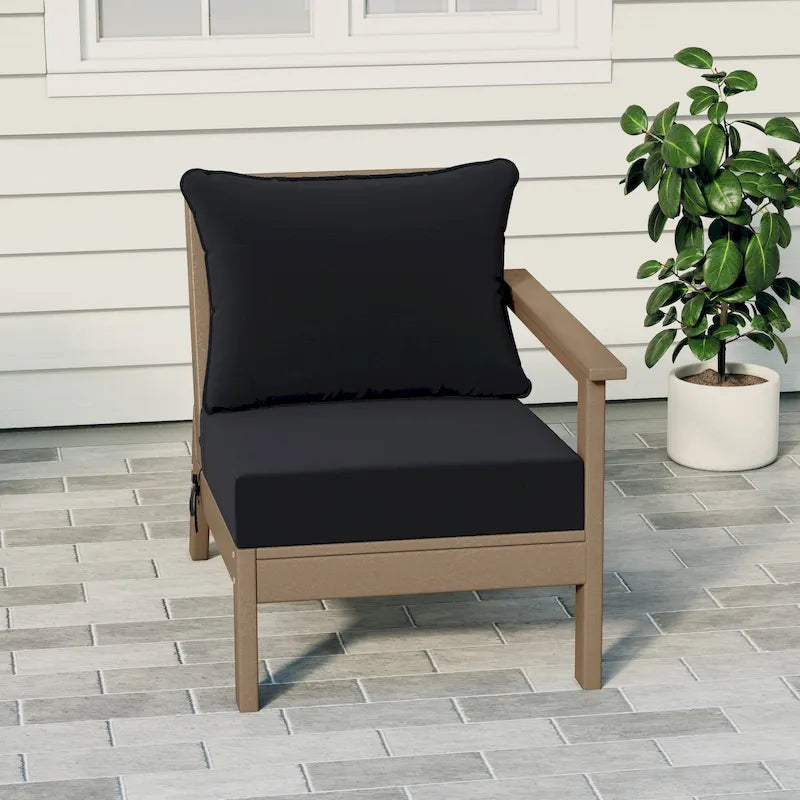 Fauteuil d'extérieur profond en PEHD toutes saisons effet bois vieilli avec accoudoir droit et coussins Polytrends Birchwood (1 pièce)