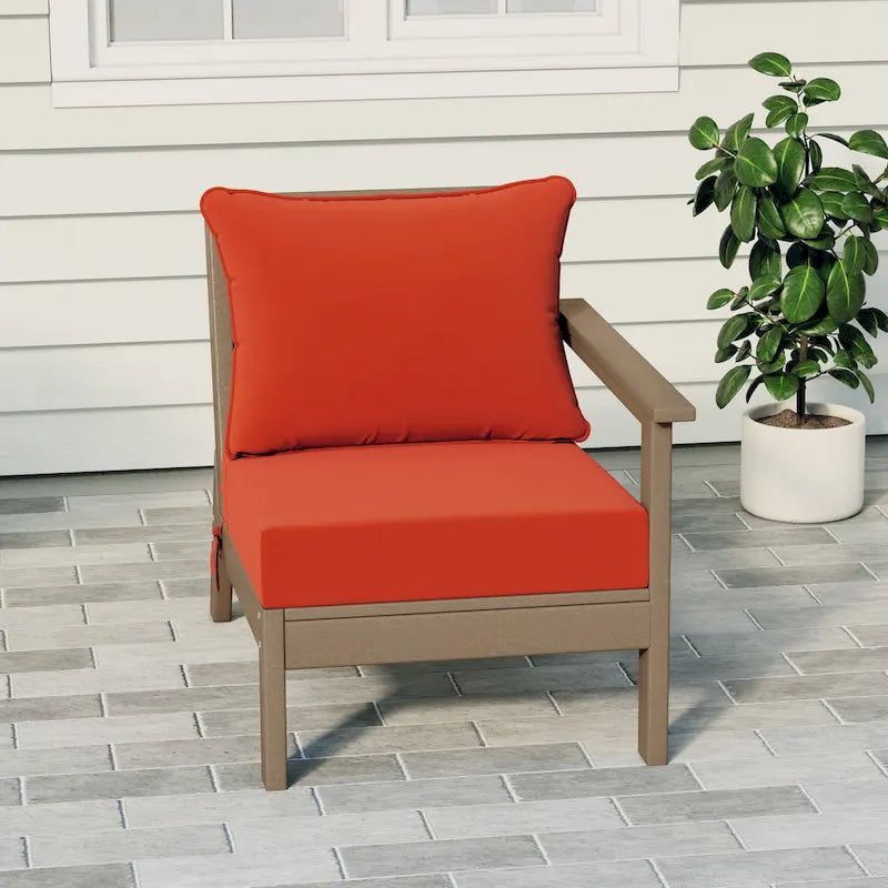 Fauteuil d'extérieur profond en PEHD toutes saisons effet bois vieilli avec accoudoir droit et coussins Polytrends Birchwood (1 pièce)