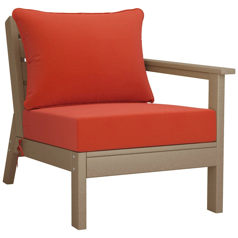 Fauteuil d'extérieur profond en PEHD toutes saisons effet bois vieilli avec accoudoir droit et coussins Polytrends Birchwood (1 pièce)