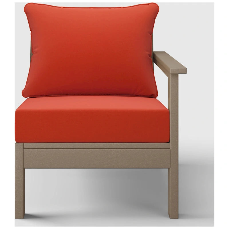 Fauteuil d'extérieur profond en PEHD toutes saisons effet bois vieilli avec accoudoir droit et coussins Polytrends Birchwood (1 pièce)