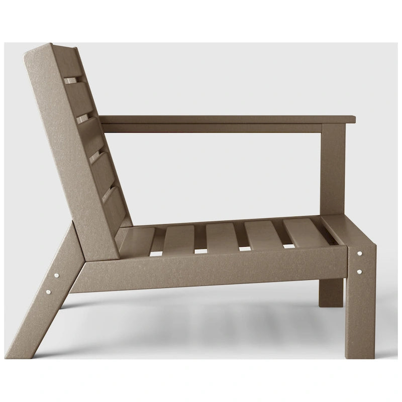Fauteuil d'extérieur profond en PEHD toutes saisons effet bois vieilli avec accoudoir droit et coussins Polytrends Birchwood (1 pièce)