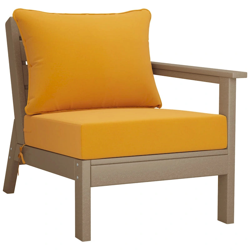 Fauteuil d'extérieur profond en PEHD toutes saisons effet bois vieilli avec accoudoir droit et coussins Polytrends Birchwood (1 pièce)