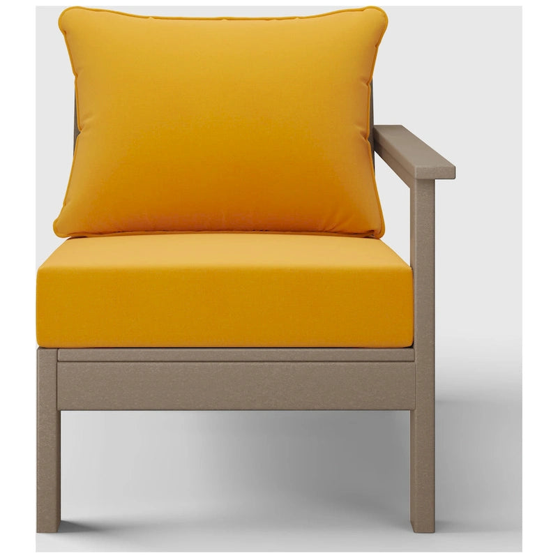 Fauteuil d'extérieur profond en PEHD toutes saisons effet bois vieilli avec accoudoir droit et coussins Polytrends Birchwood (1 pièce)