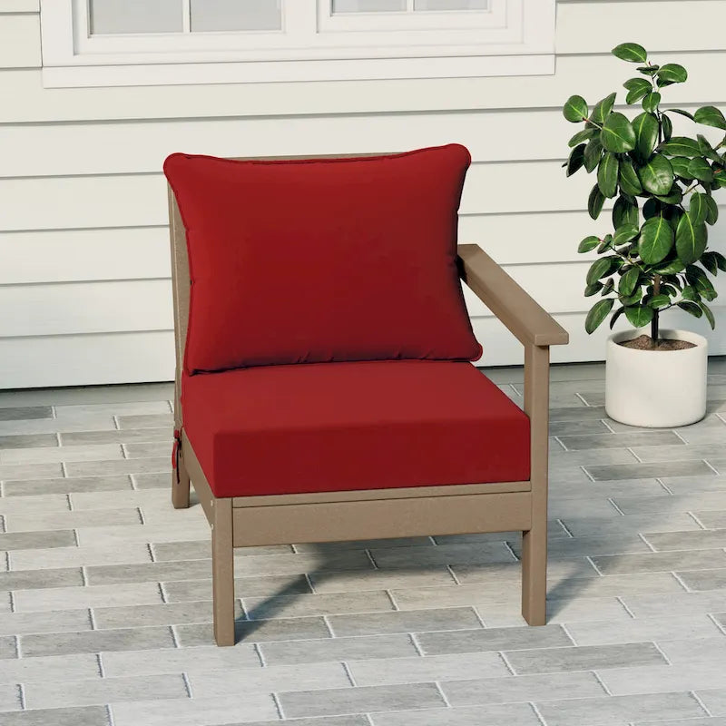 Fauteuil d'extérieur profond en PEHD toutes saisons effet bois vieilli avec accoudoir droit et coussins Polytrends Birchwood (1 pièce)