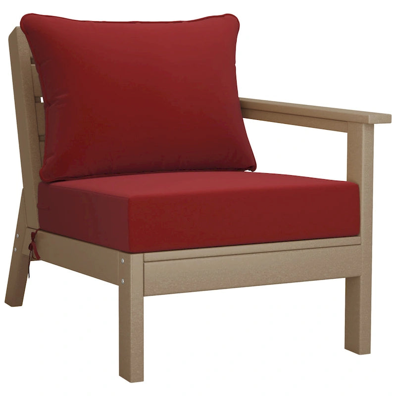 Fauteuil d'extérieur profond en PEHD toutes saisons effet bois vieilli avec accoudoir droit et coussins Polytrends Birchwood (1 pièce)
