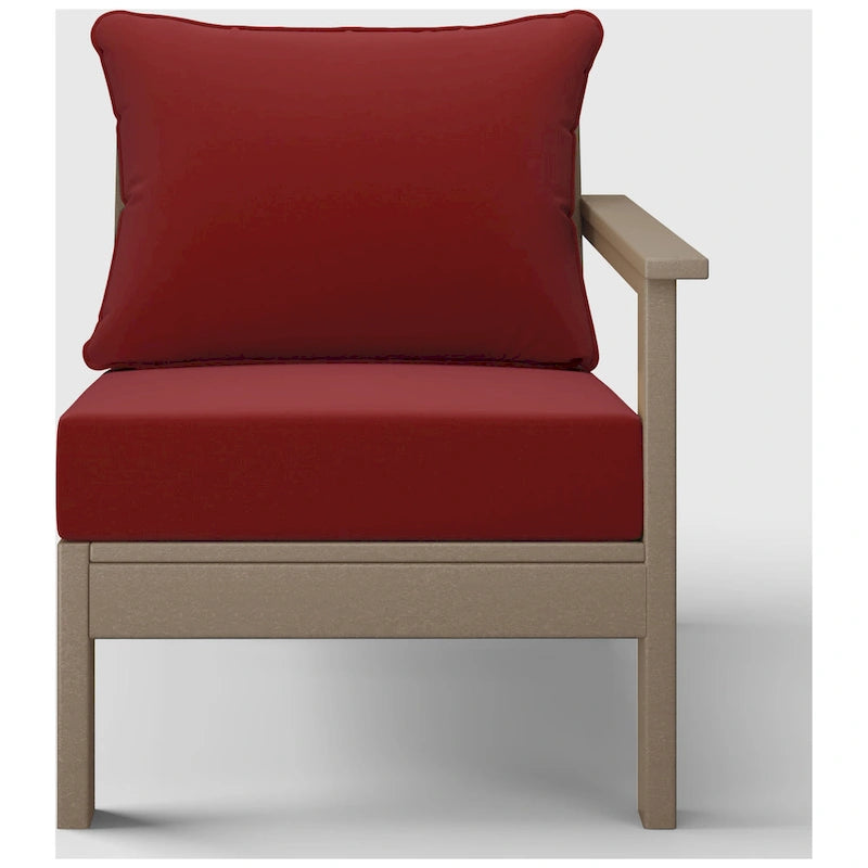 Fauteuil d'extérieur profond en PEHD toutes saisons effet bois vieilli avec accoudoir droit et coussins Polytrends Birchwood (1 pièce)