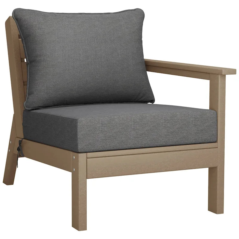 Fauteuil d'extérieur profond en PEHD toutes saisons effet bois vieilli avec accoudoir droit et coussins Polytrends Birchwood (1 pièce)