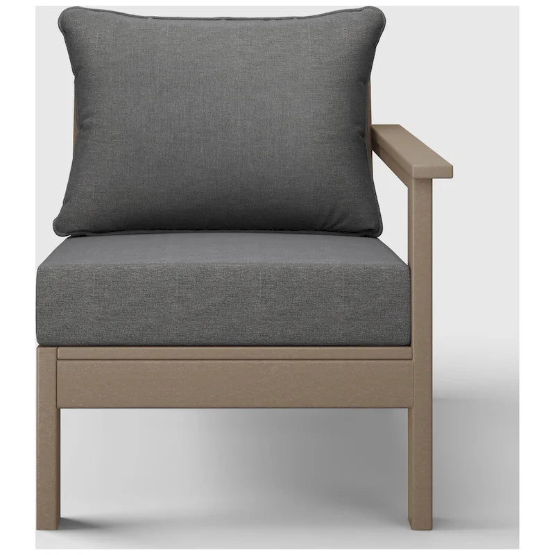 Fauteuil d'extérieur profond en PEHD toutes saisons effet bois vieilli avec accoudoir droit et coussins Polytrends Birchwood (1 pièce)