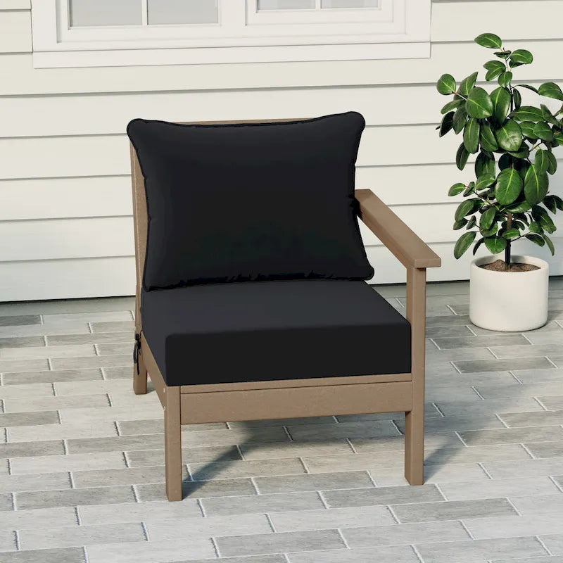 Fauteuil d'extérieur profond en PEHD toutes saisons effet bois vieilli avec accoudoir droit et coussins Polytrends Birchwood (1 pièce)