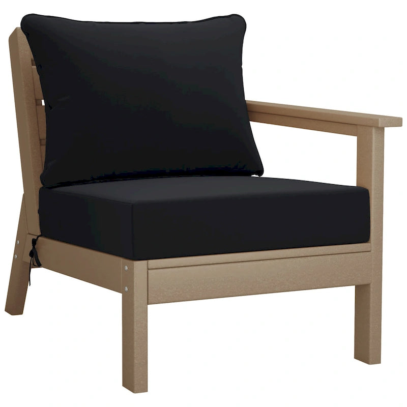 Fauteuil d'extérieur profond en PEHD toutes saisons effet bois vieilli avec accoudoir droit et coussins Polytrends Birchwood (1 pièce)
