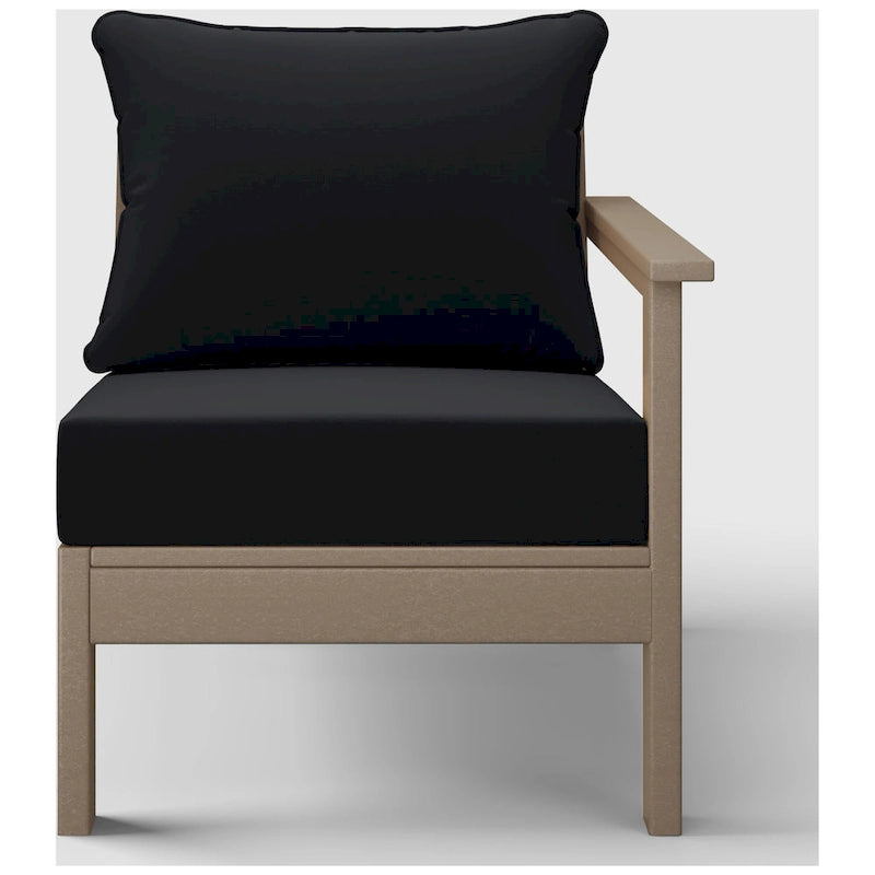 Fauteuil d'extérieur profond en PEHD toutes saisons effet bois vieilli avec accoudoir droit et coussins Polytrends Birchwood (1 pièce)