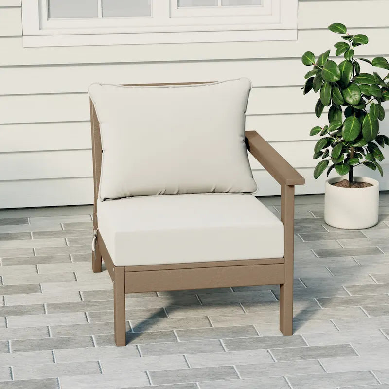 Fauteuil d'extérieur profond en PEHD toutes saisons effet bois vieilli avec accoudoir droit et coussins Polytrends Birchwood (1 pièce)