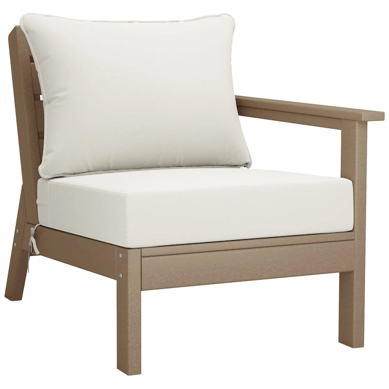 Fauteuil d'extérieur profond en PEHD toutes saisons effet bois vieilli avec accoudoir droit et coussins Polytrends Birchwood (1 pièce)