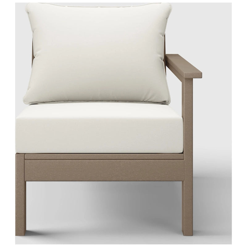 Fauteuil d'extérieur profond en PEHD toutes saisons effet bois vieilli avec accoudoir droit et coussins Polytrends Birchwood (1 pièce)