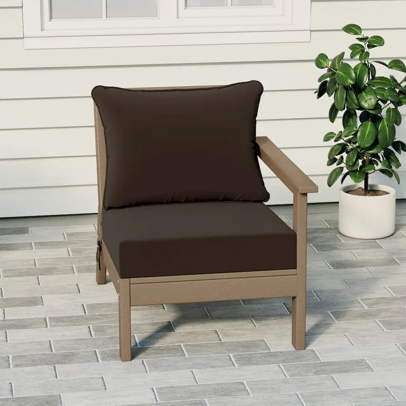 Fauteuil d'extérieur profond en PEHD toutes saisons effet bois vieilli avec accoudoir droit et coussins Polytrends Birchwood (1 pièce)
