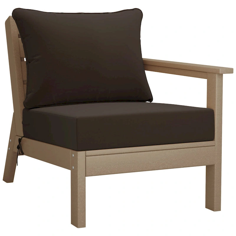 Fauteuil d'extérieur profond en PEHD toutes saisons effet bois vieilli avec accoudoir droit et coussins Polytrends Birchwood (1 pièce)