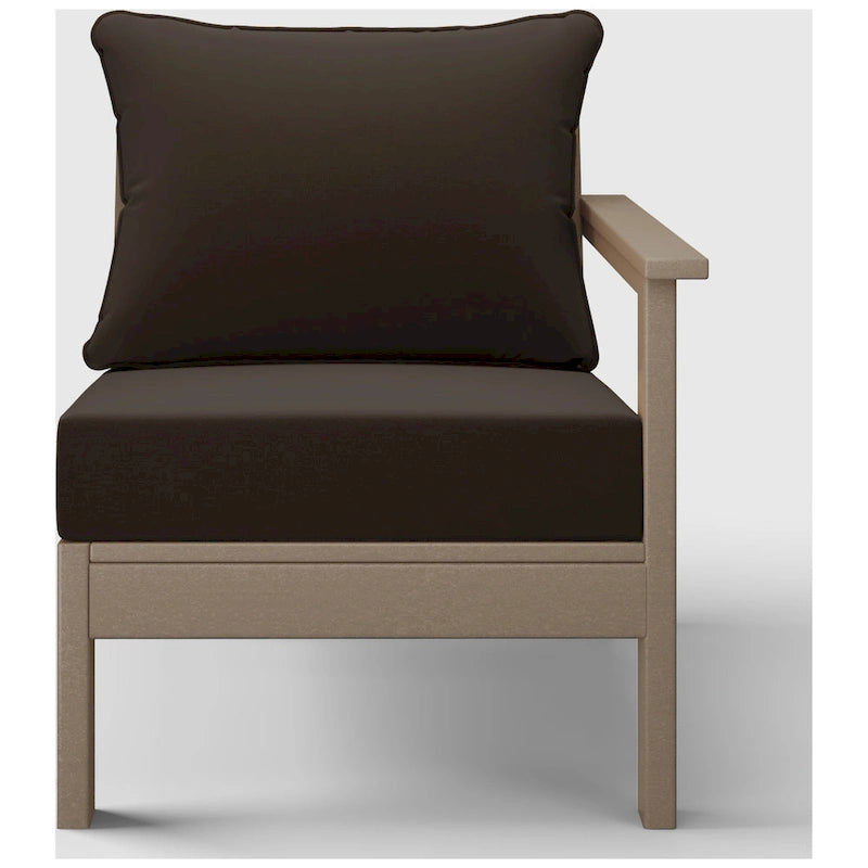 Fauteuil d'extérieur profond en PEHD toutes saisons effet bois vieilli avec accoudoir droit et coussins Polytrends Birchwood (1 pièce)