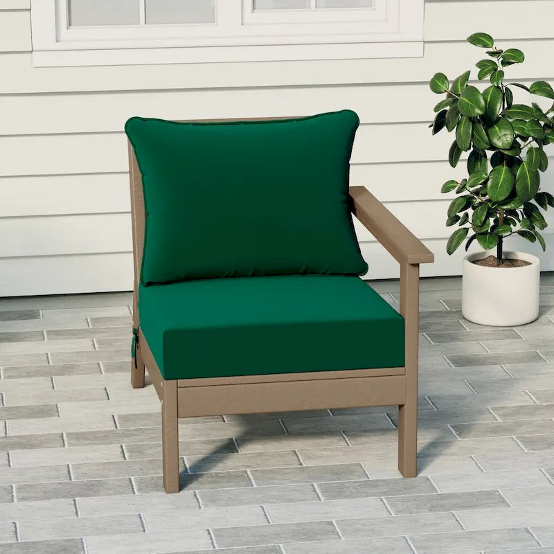 Fauteuil d'extérieur profond en PEHD toutes saisons effet bois vieilli avec accoudoir droit et coussins Polytrends Birchwood (1 pièce)