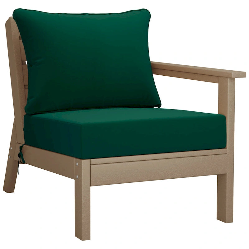 Fauteuil d'extérieur profond en PEHD toutes saisons effet bois vieilli avec accoudoir droit et coussins Polytrends Birchwood (1 pièce)