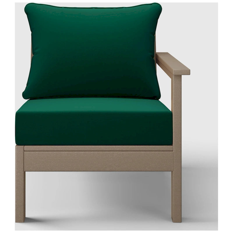 Fauteuil d'extérieur profond en PEHD toutes saisons effet bois vieilli avec accoudoir droit et coussins Polytrends Birchwood (1 pièce)