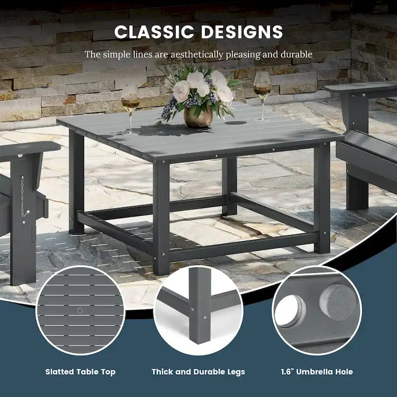 Polytrends Laguna – Ensemble de conversation d’extérieur 5 pièces avec chaises Adirondack et table basse carrée
