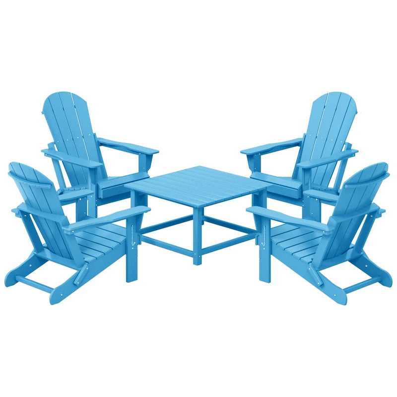 Polytrends Laguna – Ensemble de conversation d’extérieur 5 pièces avec chaises Adirondack et table basse carrée