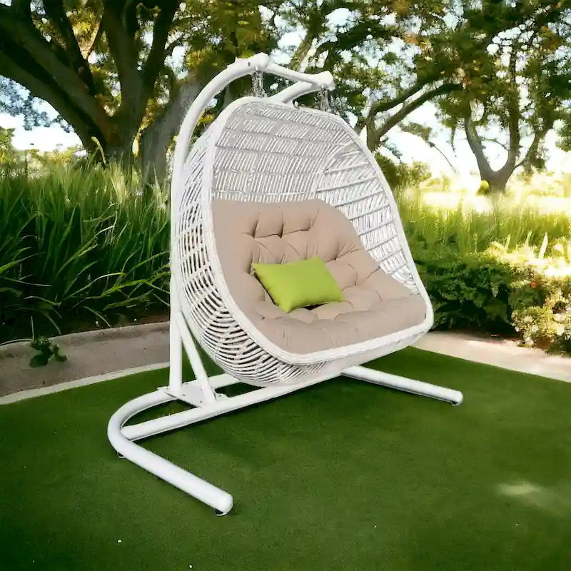 Fauteuil suspendu d'intérieur/extérieur en métal beige et blanc avec coussin beige, 69 cm