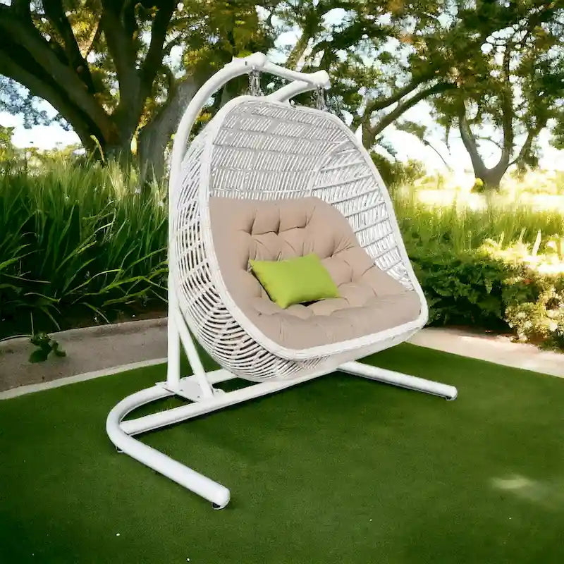 69 Beige and White Metal Indoor Outdoor Swing Chair with Beige Cushion