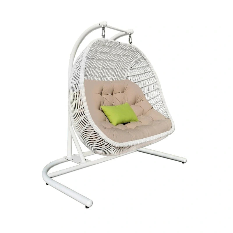 Fauteuil suspendu d'intérieur/extérieur en métal beige et blanc avec coussin beige, 69 cm