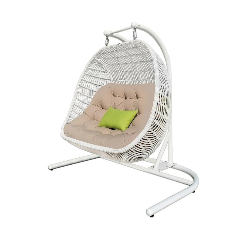 Fauteuil suspendu d'intérieur/extérieur en métal beige et blanc avec coussin beige, 69 cm