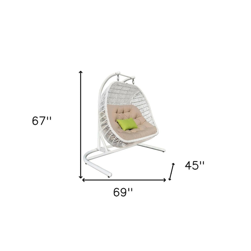 Fauteuil suspendu d'intérieur/extérieur en métal beige et blanc avec coussin beige, 69 cm