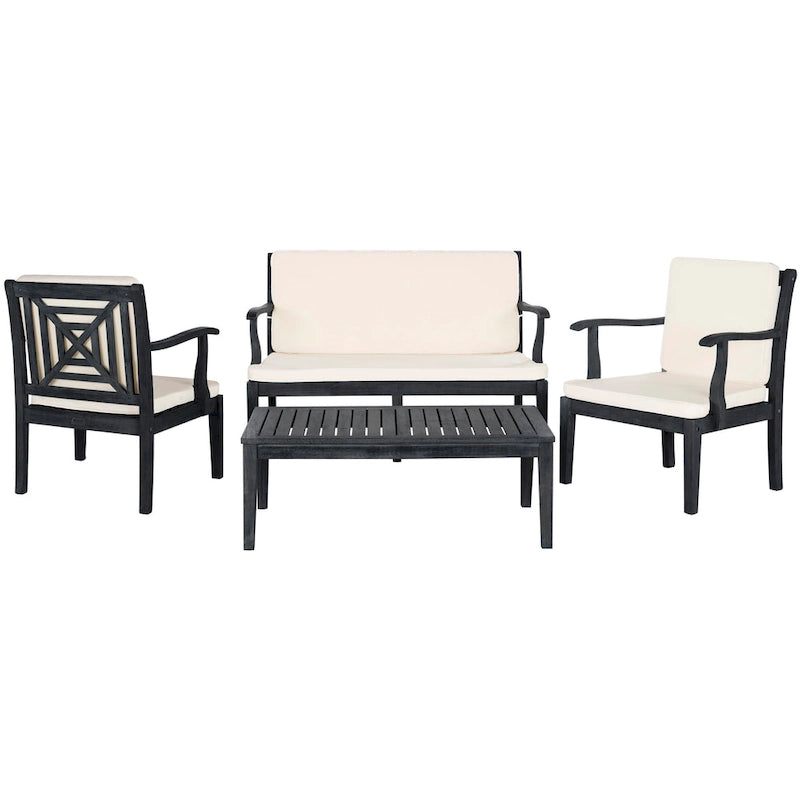 SAFAVIEH Outdoor Living Del Mar Ensemble de patio 4 pièces en bois d'acacia marron avec coussins beiges - 48 L x 25 P x 32 H po