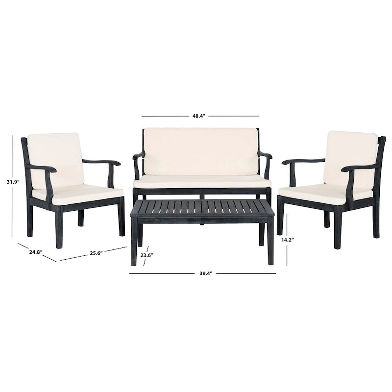SAFAVIEH Outdoor Living Del Mar Ensemble de patio 4 pièces en bois d'acacia marron avec coussins beiges - 48 L x 25 P x 32 H po