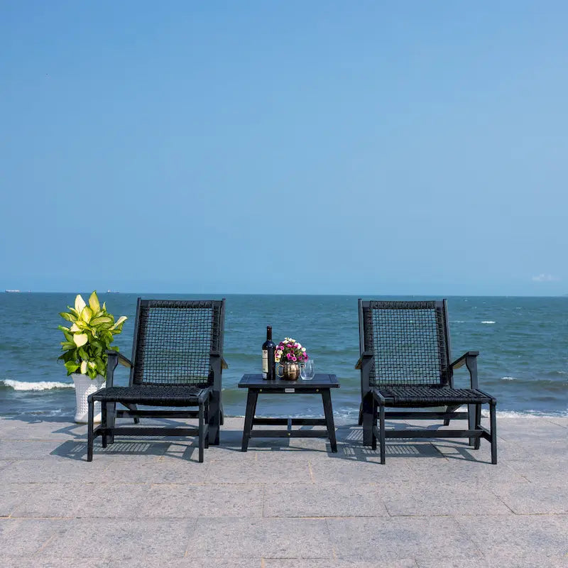 SAFAVIEH Chantelle Outdoor Solid Wood Chaise Lounge Chair and Stool Set of 2 (Includes End Table) - 27W x 35D x 33H