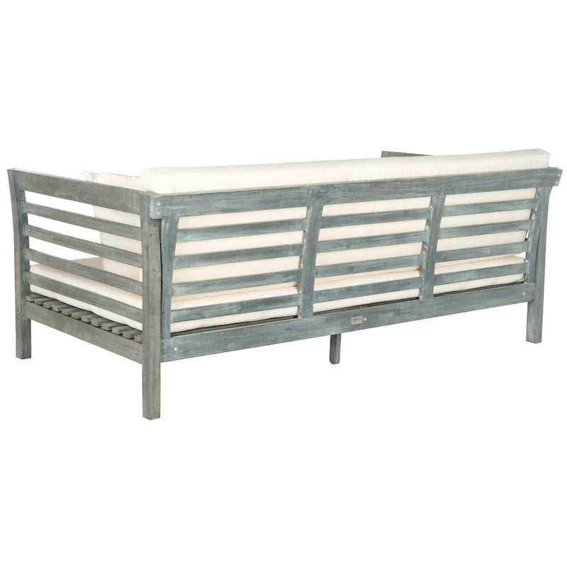 SAFAVIEH Outdoor Living Malibu, banc de jardin en bois d'acacia gris cendré/beige avec coussins – 39 larg. x 72 prof. x 27 haut.