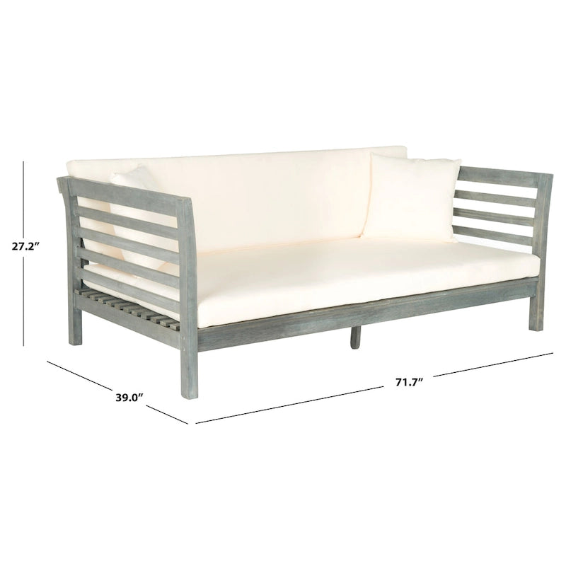 SAFAVIEH Outdoor Living Malibu, banc de jardin en bois d'acacia gris cendré/beige avec coussins – 39 larg. x 72 prof. x 27 haut.