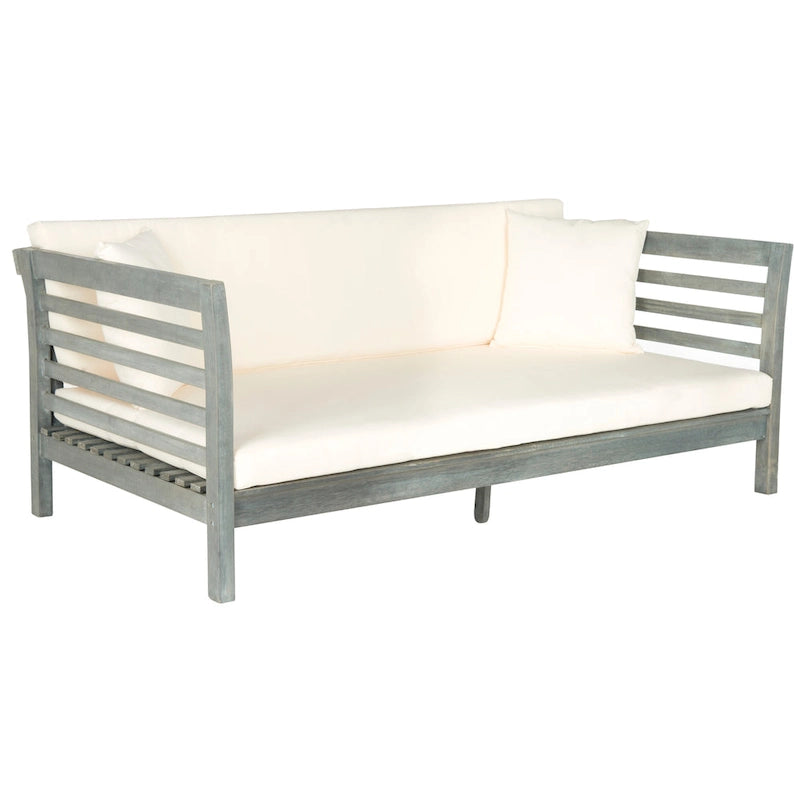 SAFAVIEH Outdoor Living Malibu, banc de jardin en bois d'acacia gris cendré/beige avec coussins – 39 larg. x 72 prof. x 27 haut.