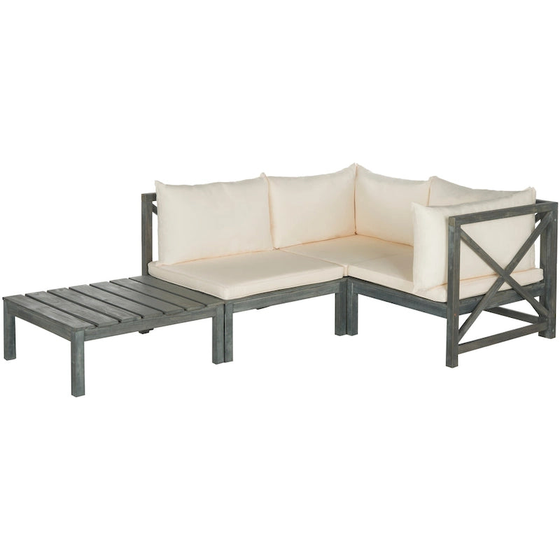 SAFAVIEH Lynwood, mobilier d'extérieur modulaire, ensemble sectionnel 4 pièces en bois d'acacia gris cendré avec coussins beiges – 27 larg. x 27 prof. x 27 haut.