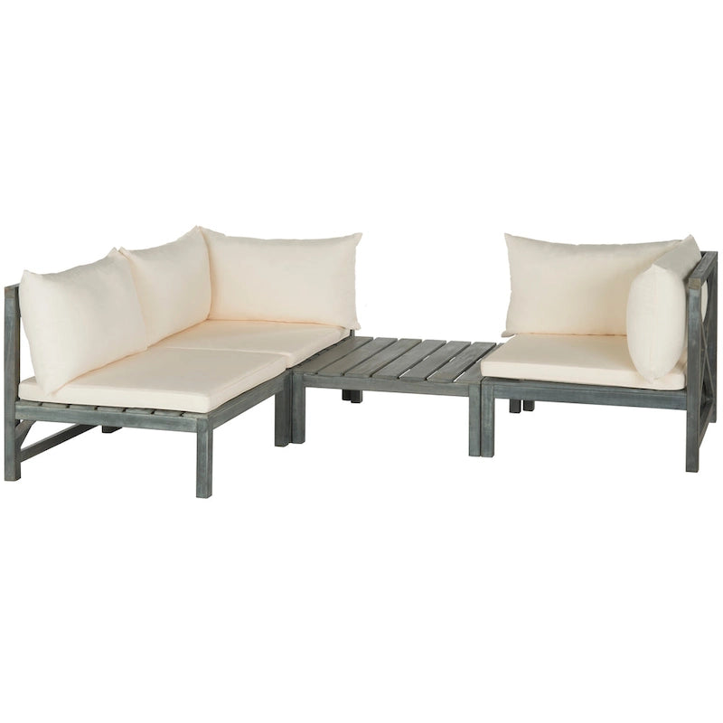 SAFAVIEH Lynwood, mobilier d'extérieur modulaire, ensemble sectionnel 4 pièces en bois d'acacia gris cendré avec coussins beiges – 27 larg. x 27 prof. x 27 haut.