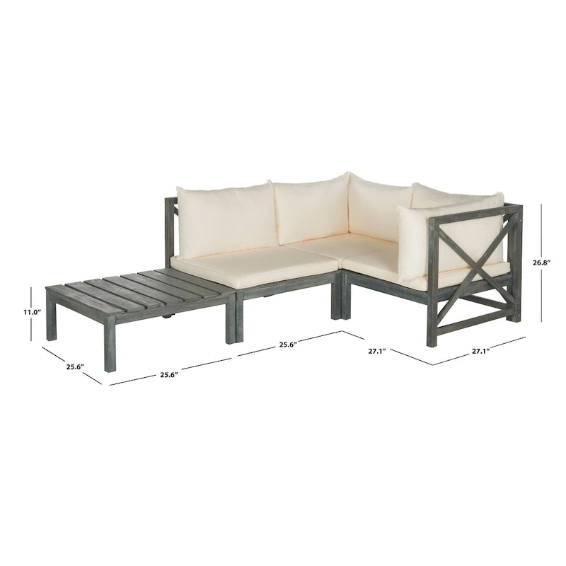 SAFAVIEH Lynwood, mobilier d'extérieur modulaire, ensemble sectionnel 4 pièces en bois d'acacia gris cendré avec coussins beiges – 27 larg. x 27 prof. x 27 haut.