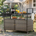 Table Chariot de Barbecue Extérieur avec Roues, Îlot de Cuisine en Osier