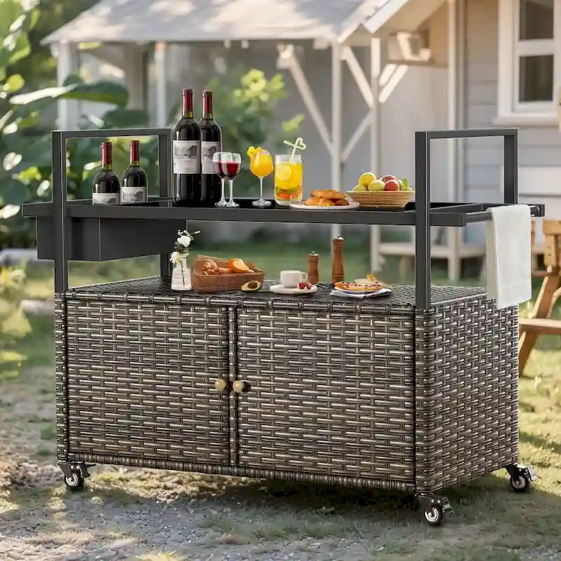 Table Chariot de Barbecue Extérieur avec Roues, Îlot de Cuisine en Osier