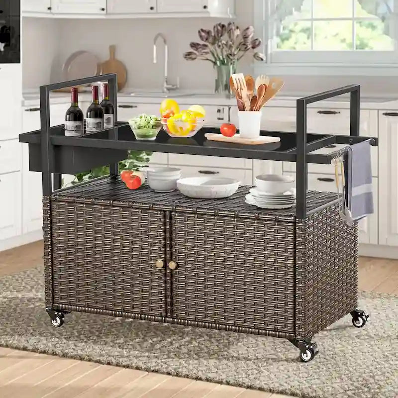 Table Chariot de Barbecue Extérieur avec Roues, Îlot de Cuisine en Osier