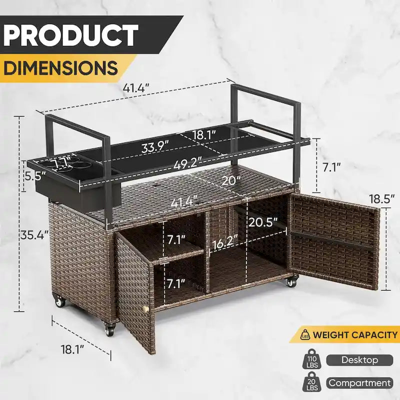Table Chariot de Barbecue Extérieur avec Roues, Îlot de Cuisine en Osier