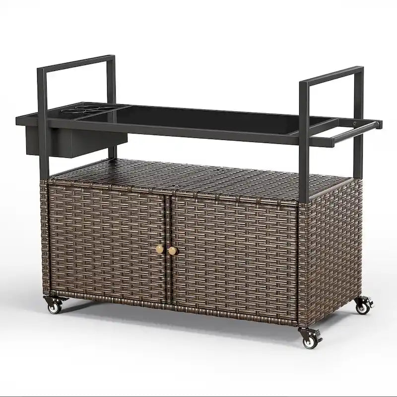 Table Chariot de Barbecue Extérieur avec Roues, Îlot de Cuisine en Osier