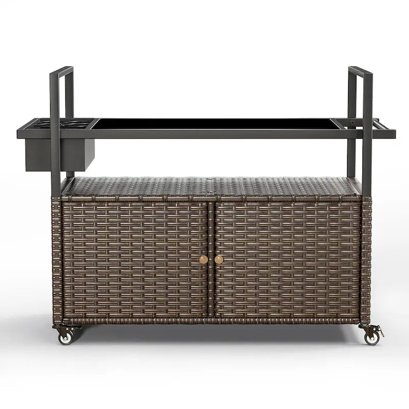 Table Chariot de Barbecue Extérieur avec Roues, Îlot de Cuisine en Osier