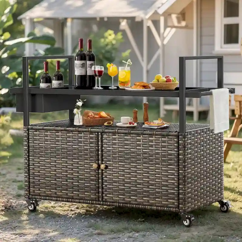 Table Chariot de Barbecue Extérieur avec Roues, Îlot de Cuisine en Osier