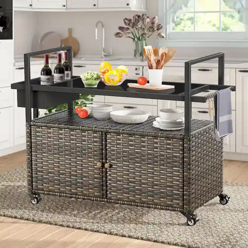 Table Chariot de Barbecue Extérieur avec Roues, Îlot de Cuisine en Osier